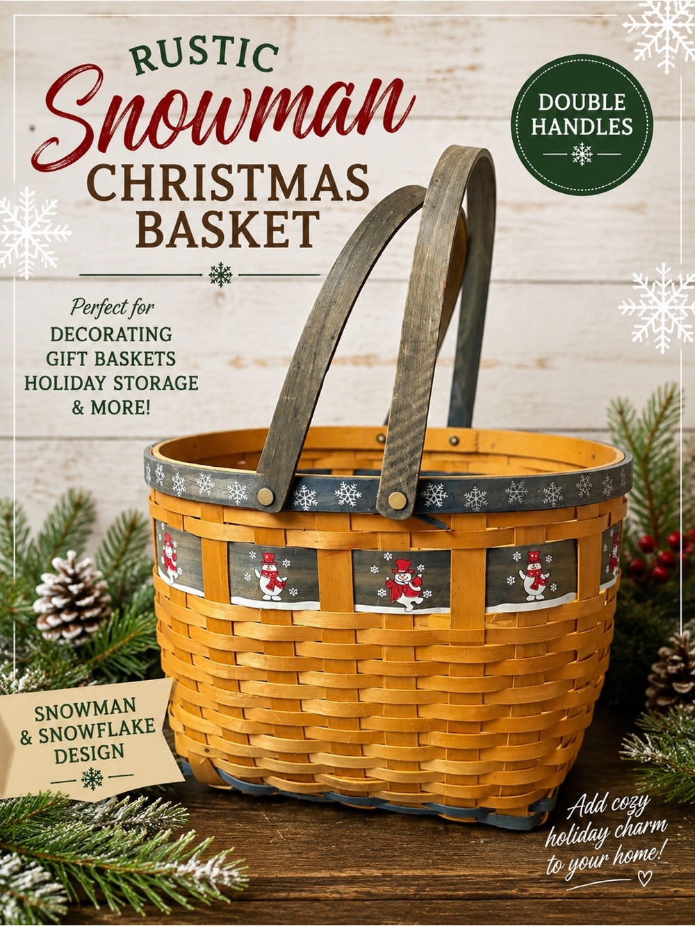 Rustic Snowman Christmas Woven Basket Double Handle Holiday Decor